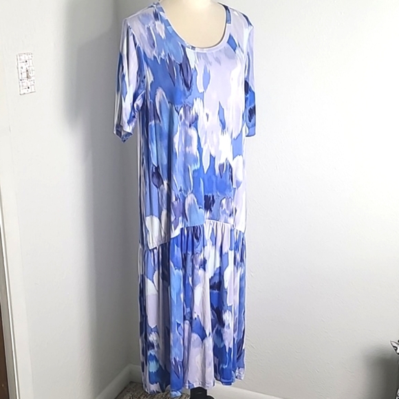 LOGO Blue & White Patterned Midi-Dress with Side Pockets, Size Large - Picture 2 of 11